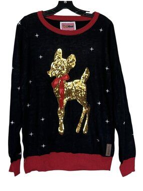Tipsy Elves Sweater Women’s Size Small Baby Deer Doe Sequin Bow Christmas Party
